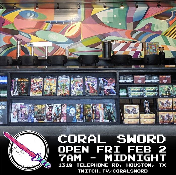 mingchen37's tweet photo. Coral Sword - the ultimate gaming cafe in Houston featuring coffee, pizza, donuts, gaming (card, board, video) &amp; the ultimate comic book library opens on Fri Feb 2, 2018 at 1318 Telephone Rd. I will be there all day Fri and Sat - you kay see some other familiar faces @CoralSword https://t.co/ZhhY8u83Cw