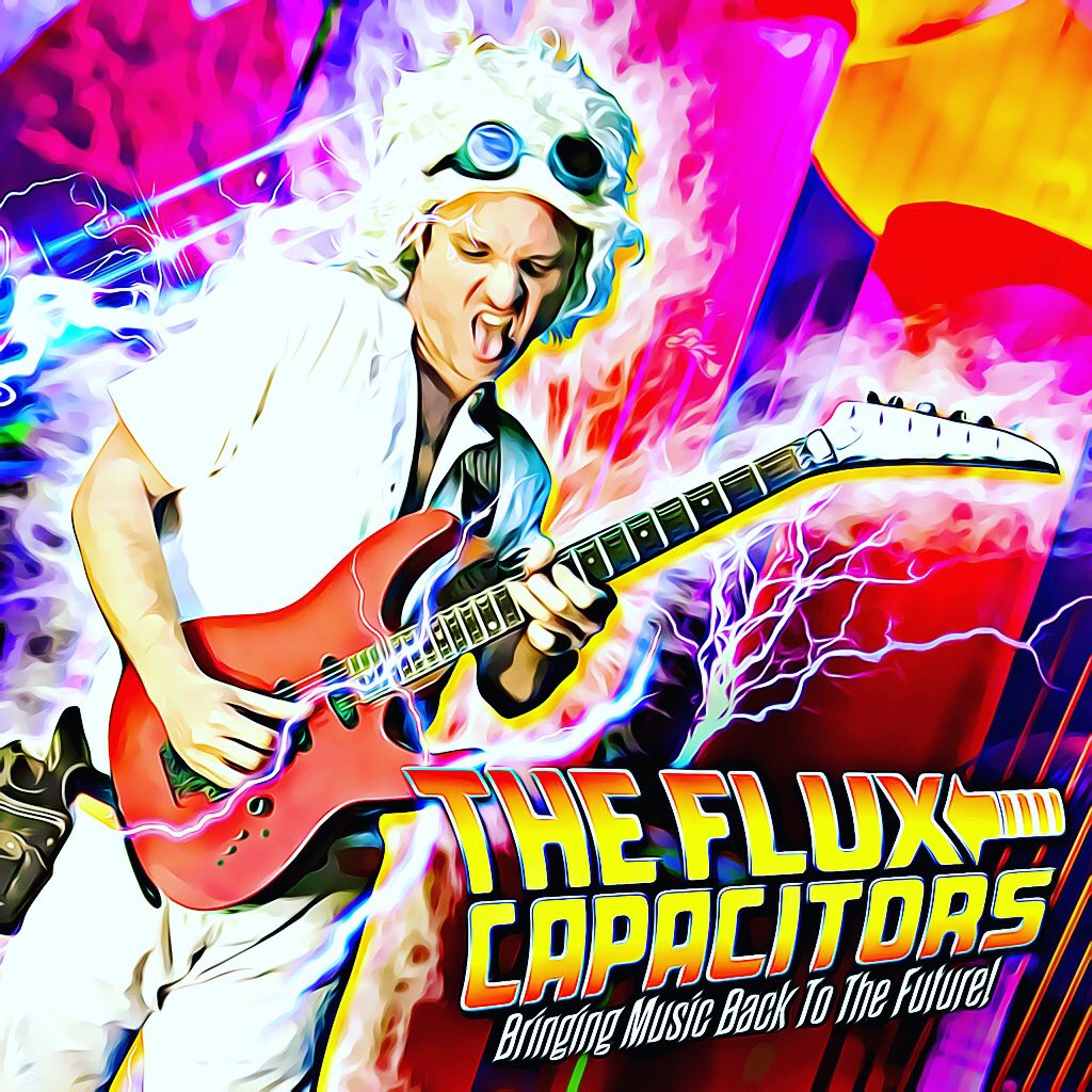 FluxCapacitors's tweet photo. In celebration of resurrecting our social media along with our Twitter we will be releasing a photo every day of the band. Here BL-Z-BuB shreds as Doc Brown! https://t.co/VqxzUY8vhP