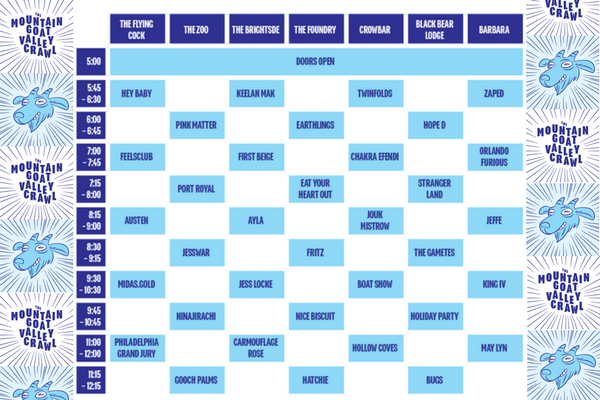 Timetable for #MountainGoatValleyCrawl is here, headed up on our beloved Foundo stage by <a href="/hihatchie/">Hatchie</a>, <a href="/nicebiscuitband/">Nice Biscuit</a>, #Fritz, #EatYourHeartOut and #Earthlings.
