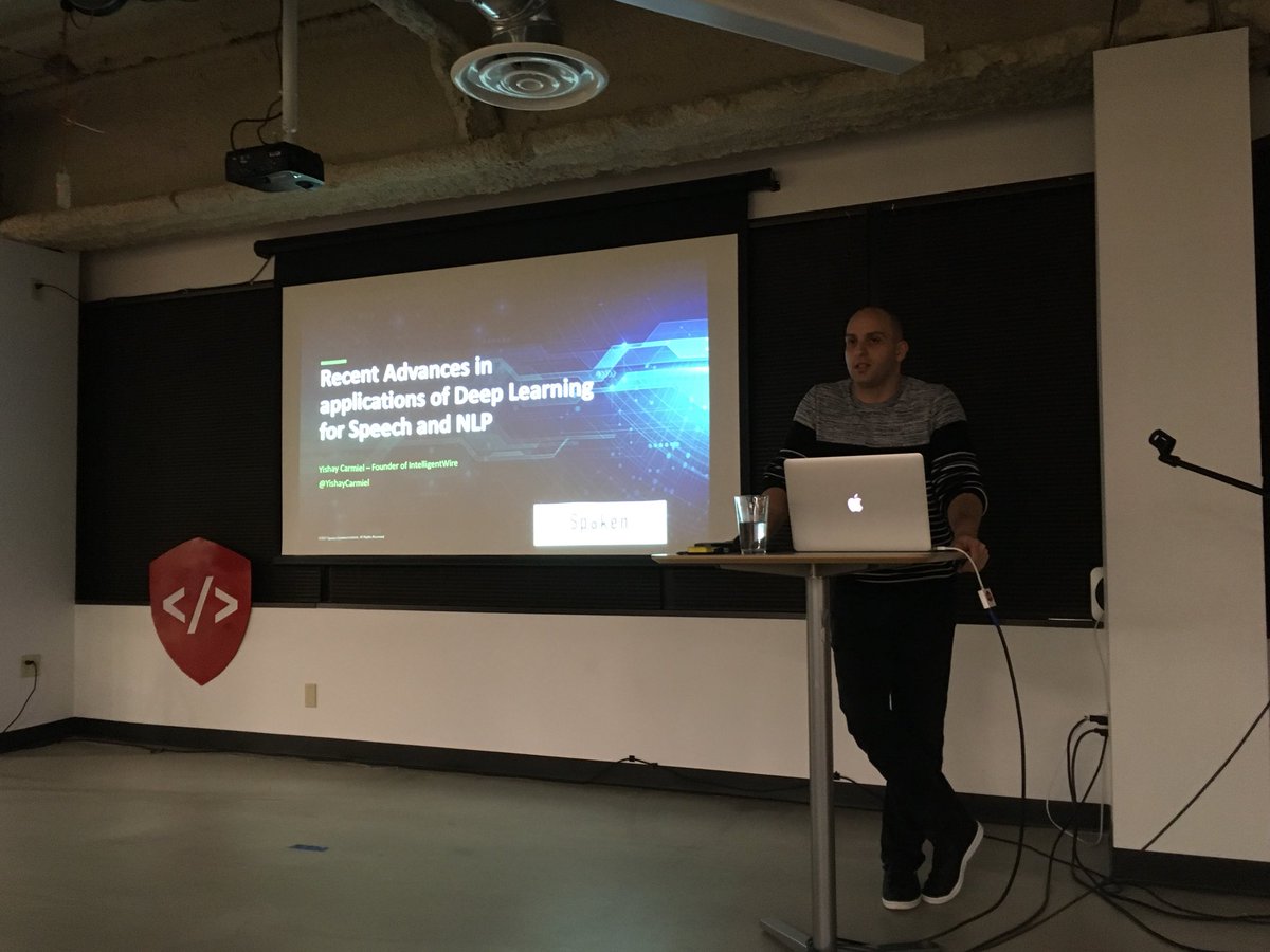 <a href="/YishayCarmiel/">Yishay Carmiel</a> from <a href="/IQwire/">IQwire</a> and <a href="/spokencomm/">Spoken Communications</a> about to kick off his talk on Deep Learning &amp; Speech. #machinelearning