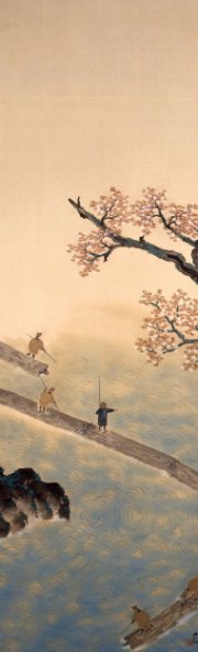 横山大観《春の水・秋の色》(山種美術館)。《春の水》では山桜の咲く春