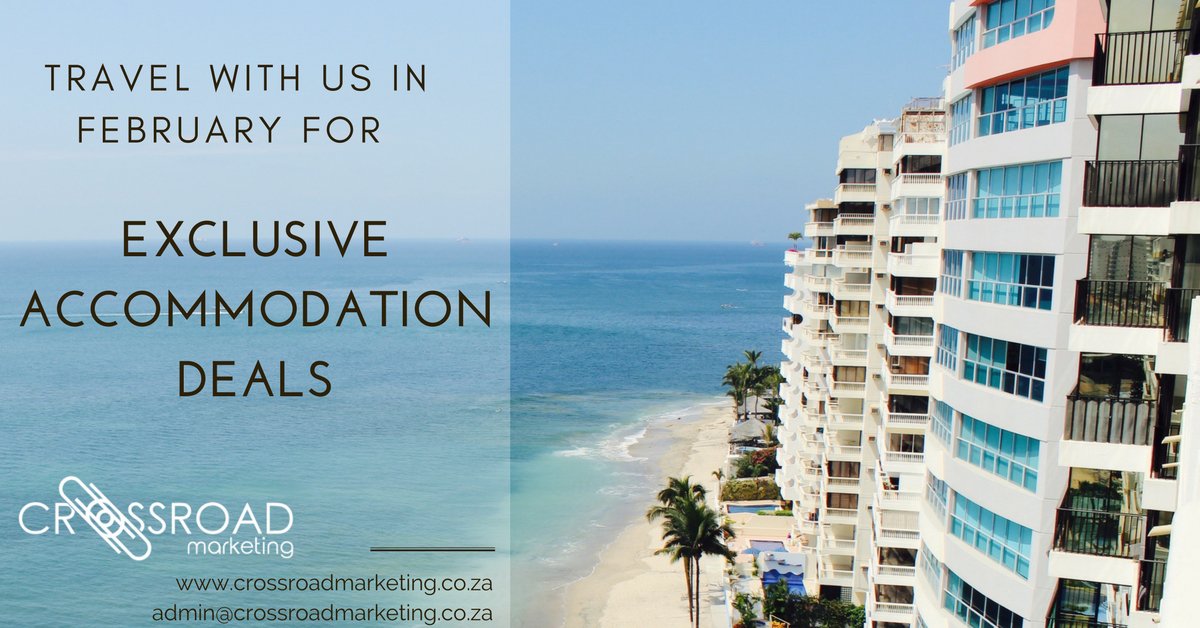 crm_crossroad's tweet photo. Welcome February! 
Our team has partnered with and negotiated exclusive accommodation rates with major hotel groups for the busy hospitality months of February and March, get in touch to find out more --> admin@crossroadmarketing.co.za🙌
#hellofebruary https://t.co/434ZfKJ4qo