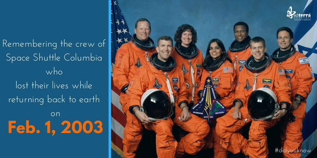 EdTerra's tweet photo. On 1st of #February 2003, NASA's space #shuttle #Columbia broke apart upon re-entering Earth's atmosphere and claimed the lives of all seven #astronauts aboard including #KalpanaChawla .

#NASA #moon
 #Space #Earth 
#EdTerraEdventures
#LearnwithEdTerra https://t.co/iIY4CnhytL