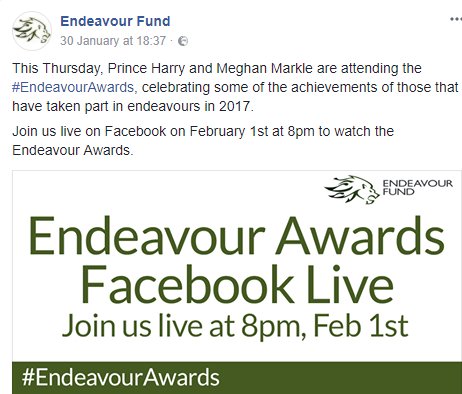 Prince Harry and Meghan are attending the Endeavour Fund Awards tonight. The Awards are being streamed live on Facebook at 8 p.m. facebook.com/EndeavourFund/…