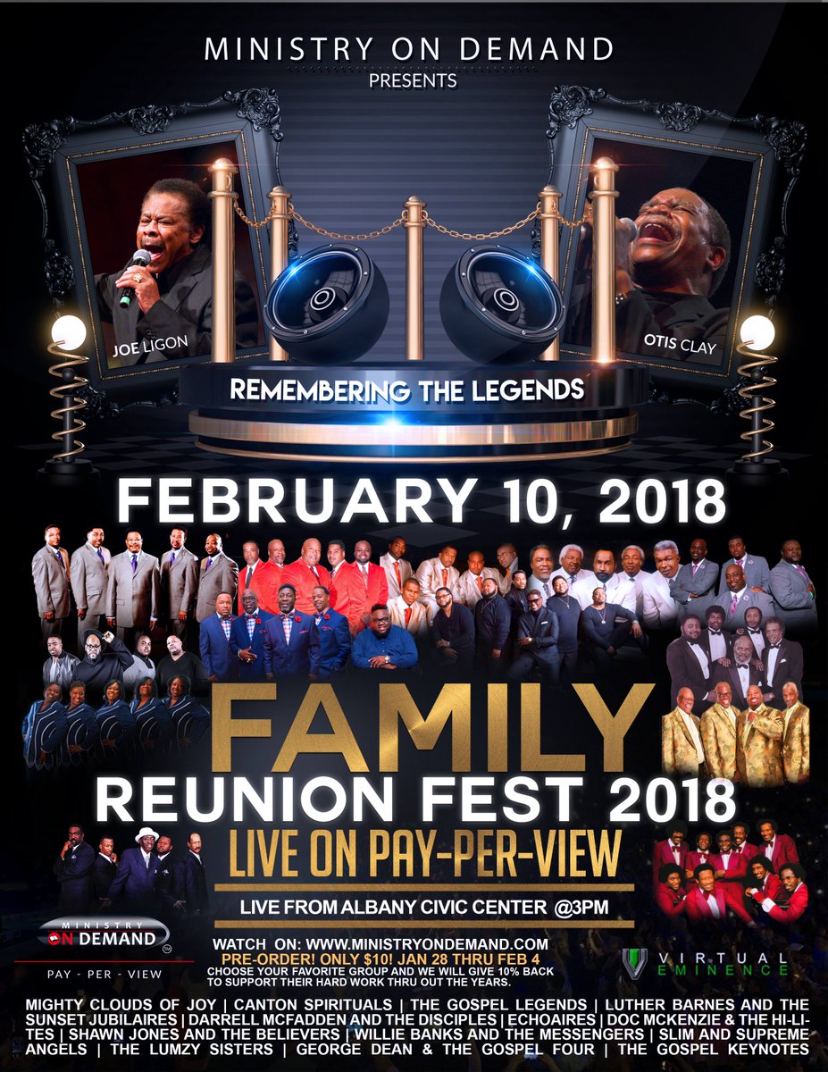 leledup77's tweet photo. "MINISTRIES ON DEMAND" TV NETWORK Would Like To Invite You To A GOSPEL "FAMILY REUNION FEST" FEBRUARY 10TH 2018 Live On PAY PER VIEW!! 3pm EST. Preorder tickets Now-February 4th Only $10. Don't Miss God's Goodness #gospel #ministry #music 
Register Now at https://t.co/nIbr3Vmi2y https://t.co/EzNW7JKaBU