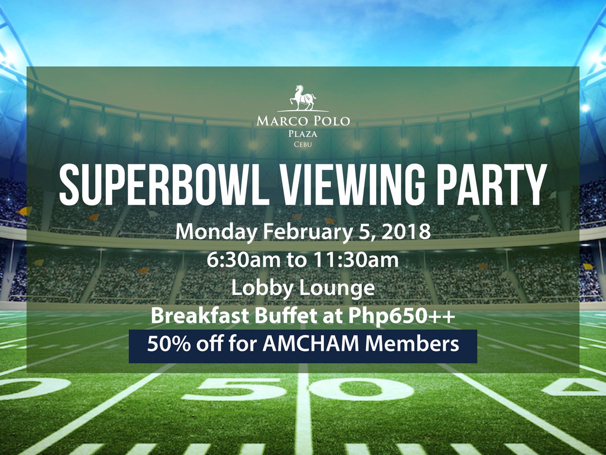 5StarInCebu's tweet photo. Enjoy Breakfast Buffet at our #SuperBowl2018 Viewing Party for Php 650++/person at the Lobby Lounge on Feb 5’2018.
Book Now : hospitality.ceb@marcopolohotels.com
#marcopolocebu #SuperBowlLive #cebu #hotel #cebuevent https://t.co/jJSxIH3a3O