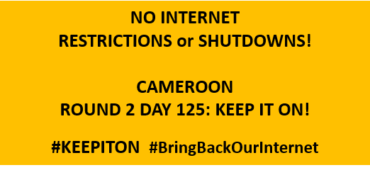 judithnwana's tweet photo. It's Day125 Round2 of internet shutdown/restrictions in #SouthernCameroons as #Cameroon commits atrocities &amp; destroys the economy. World needs to stop such so others don't copy #BringBackOurInternet #KeepItOn @accessnow @hrw @EESC_LiaisonG @ChrisCoons @Internet_SF @washingtonpost https://t.co/yFG8LNXpOL