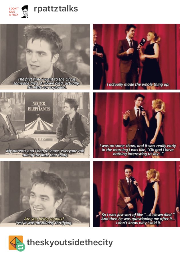 nbcwiII's tweet photo. robert pattinson: god I'm going to have to socialise what do I say 
robert pattinson:
robert pattinson: I Saw A Clown Die https://t.co/peD3zN9P9c