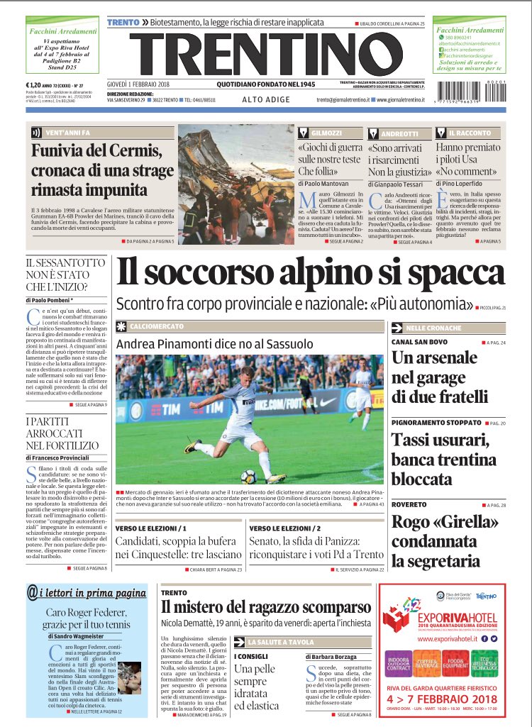 albertofaustini's tweet photo. E buon #giovedì con la #Primapagina del @Trentin0 di #oggi con gli articoli  di @paolomantovan @texg e @pinoloperfido sui tragici giochi di guerra del #Cermis. Sono passati 20 anni https://t.co/7GwxJGBjlX