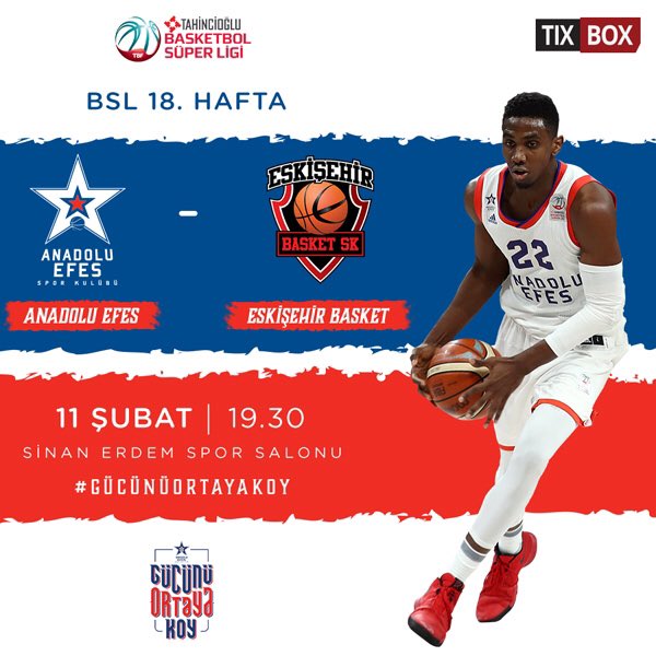 Basketbol Süper Ligi 18. Hafta karşılaşmasında ligin yeni ekiplerinden Eskişehir Basket'i ağırlıyoruz!

Hafta sonunu keyifli bir Anadolu Efes maçıyla tamamlamak ve Sinan Erdem Spor Salonu'ndaki heyecanı yerinde deneyimlemek için sen de yanımızda ol!

mobile.tixbox.com.tr/etkinlik/4255/…