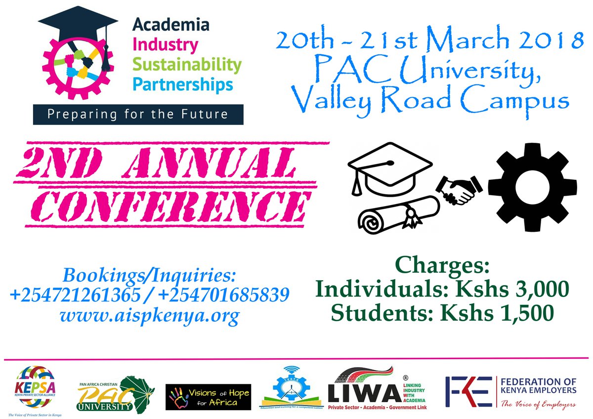 PACUniversityKE's tweet photo. On 20th - 21st March, join #PACUniversity, #KEPSA, #VOHA and other key industry players for the second annual conference on Academia-Industry partnerships at our Valley Road Campus. You MUST NOT miss this one!
CC @aispkenya2018 @KEPSA_KENYA https://t.co/Hf3WUzZSmA