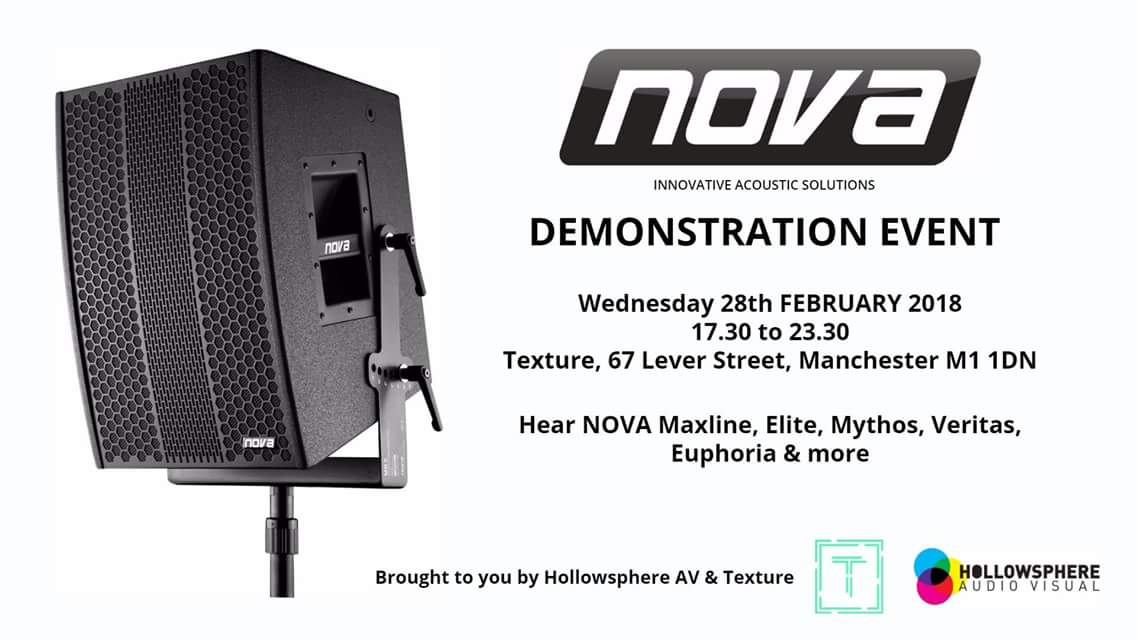 novaaudiouk's tweet photo. Great chance to hear our NOVA kit and meet the NOVA UK team. Hollowsphere AV are putting on a great night..hope to see you there. #proaudio #Manchester https://t.co/058yu61oPM
