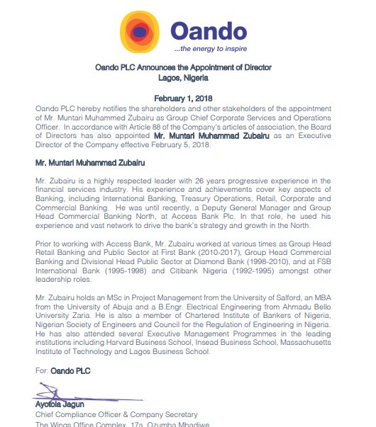 InterstateSec's tweet photo. Oando PLC Announces the Appointment of Director
Lagos, Nigeria - Mr. Muntari Muhammad Zubairu
-
-
-
#interstate #interstatesec https://t.co/6U2Z96YSMm
