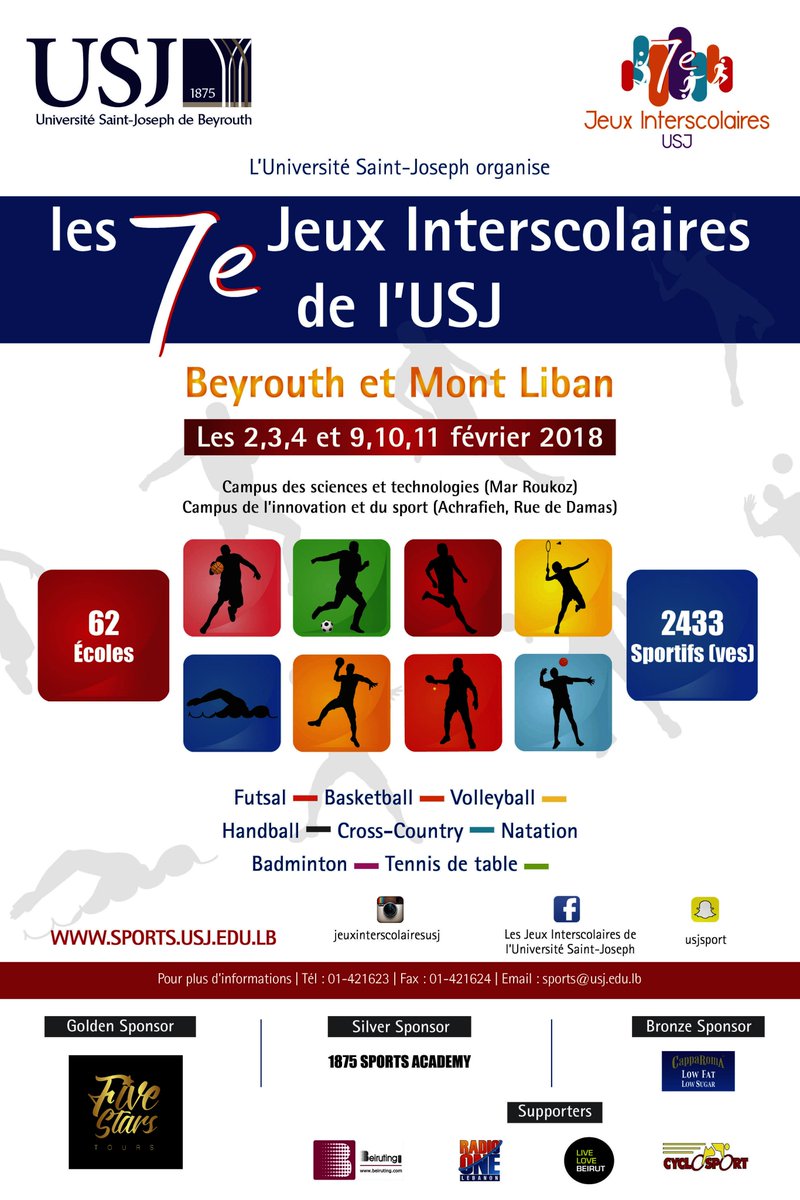 7e Jeux Interscolaires de l'#USJLiban
Check the games schedules : sports.usj.edu.lb/images/alb-pho…