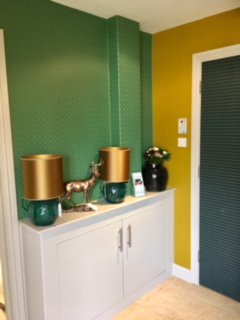huntersinterior's tweet photo. Hallway revamp completed, @ZoffanyFW Tigers Eye paint and Zoffany Oblique wallpaper - what a striking combination with a few accessories thrown into the mix! https://t.co/7MfbBq7Zz4