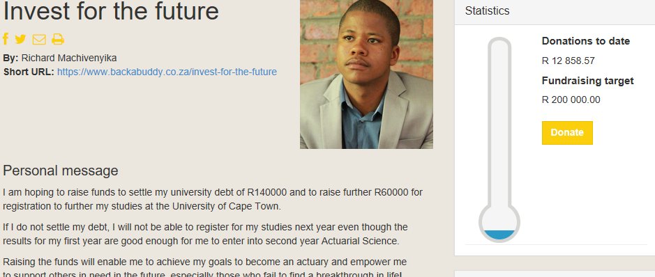 RichardMachive1's tweet photo. @backabuddy there is power in giving. If 400 people can donate R250 each towards my #ActuarialScience studies @UCT . I will be able to register this year. your support will enable to support others in need in future. please donate https://t.co/mwQCxRzG5I https://t.co/BG7cSYXVGP