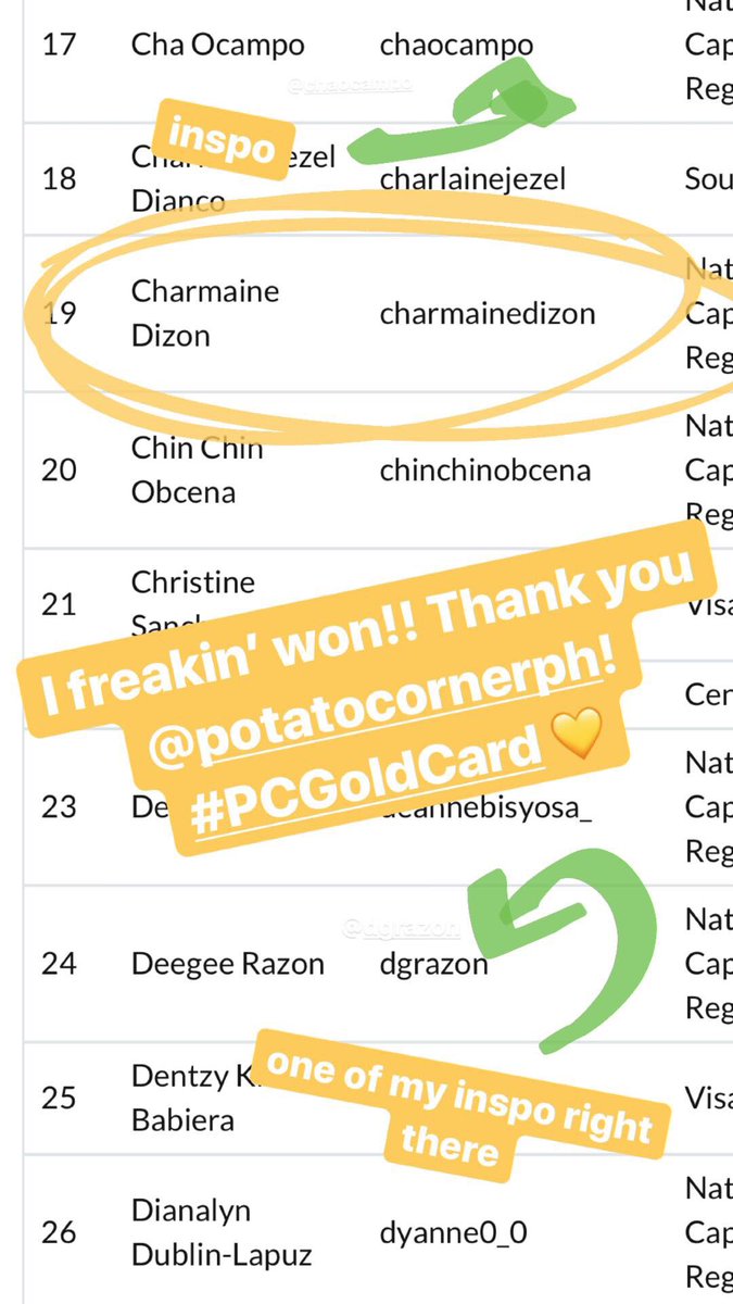 charmainedizon's tweet photo. Mygee! I won. Thank you @PotatoCornerPH. ๐๐คฉ #PCGoldCard https://t.co/Npqa3cIjbN