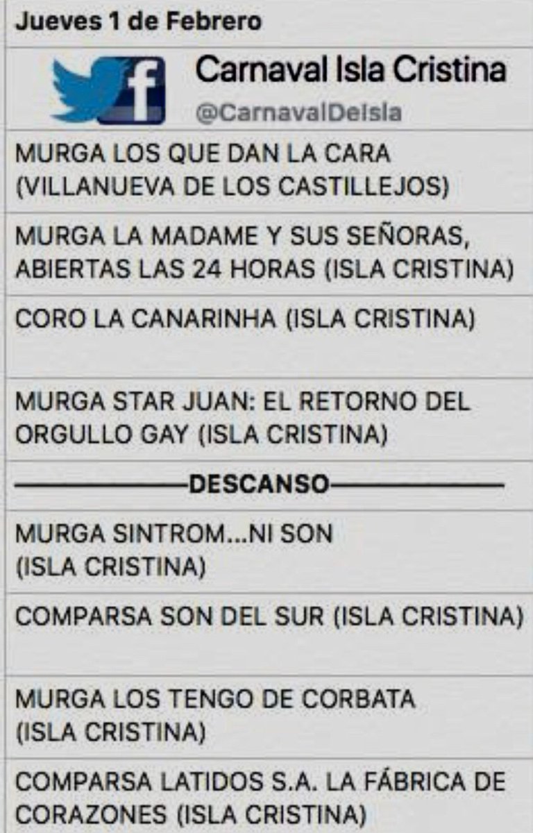 CarnavalDeIsla's tweet photo. ¡¡Hoy comienza las Preliminares del Carnaval de Isla Cristina 2018!! - CarnavalDeIsla https://t.co/9lvJeFo4Rs