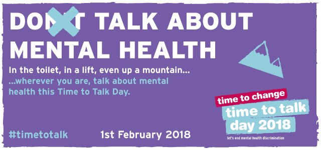 Make #timetotalk with a friend, a family member, or a close coworker about mental health today. Too often we’re afraid to talk about mental health, but the moment we talk is the moment we help.