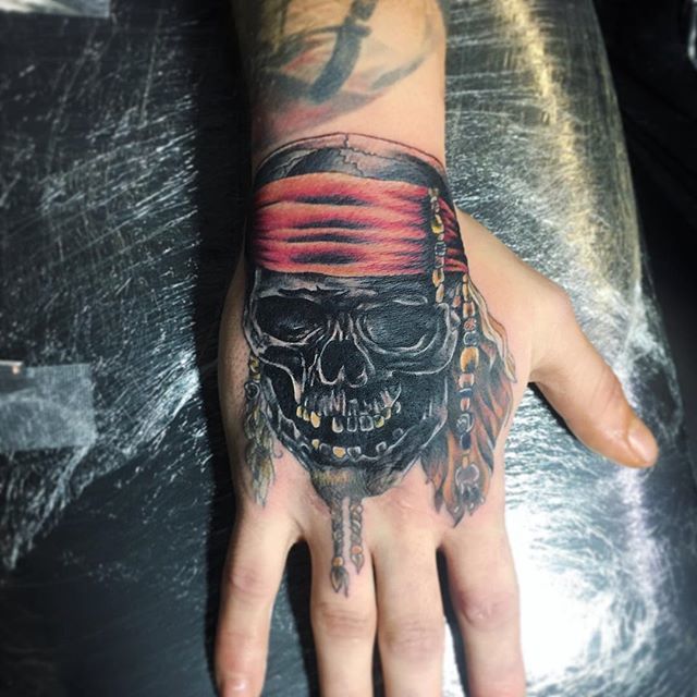 Feminine Skull With Red Bandana tattoo On Arm