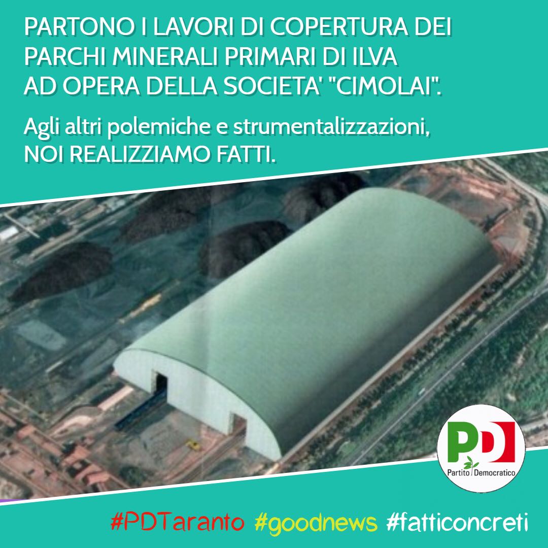 Oggi giornata storica: partono i lavori di copertura dei parchi in Ilva. La miglior risposta. <a href="/pdnetwork/">Partito Democratico 🇮🇹 🇪🇺</a> <a href="/PdTaranto/">PD prov.le Taranto</a> <a href="/TeresaBellanova/">Teresa Bellanova</a>