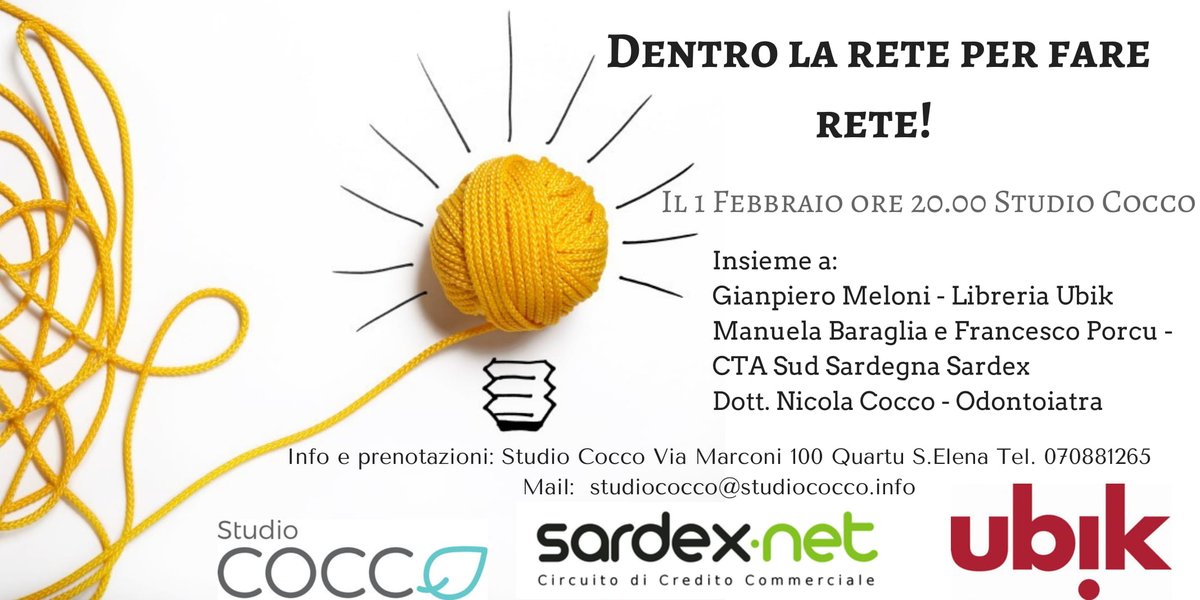 Vuoi conoscere come funziona il Circuito? 
🗓️🕢Stasera appuntamento speciale con i nostri aderenti! Ti aspettiamo alle 20.00 presso lo Studio COCCO con gli amici della Libreria Ubik  e il nostro staff commerciale: per partecipare ➡️marketing@sardex.net
Tutte le info💡⤵️