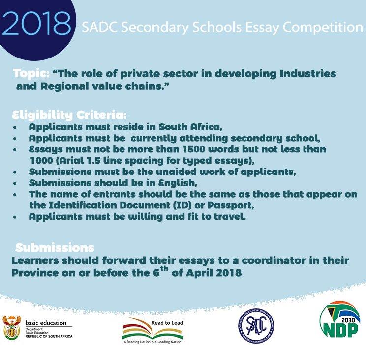DBE_SA's tweet photo. The SADC Secondary School Essay Competition for 2018 #SADCSchoolsEssay2018 is now open! More information on this competition is available on https://t.co/u4EaCqWplr @ElijahMhlanga https://t.co/NJz9F6Pc20