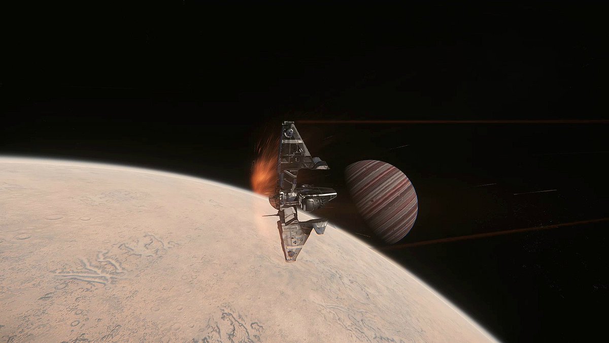 SquidofLove1's tweet image. Entering Daymar&apos;s atmosphere with Crusader in the background #StarCitizen #starcitizengameplay