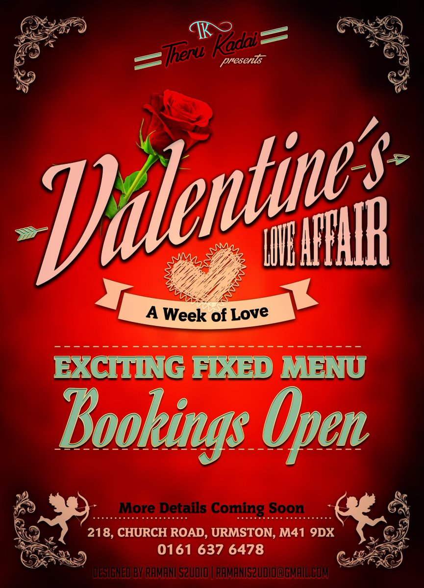 Hi All,

We are gearing up to make your Valentine's day a special and memorable one.

Book now to ensure you have a place :)

Special Valentine Menu will shortly be revealed.