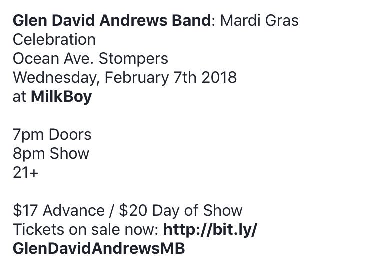 GDAFans's tweet photo. GDA Band Philly Mardi Gras Celebration at:
@MilkBoyPhilly 
Wed, Feb 7th
8pm
Tickets Availabe Here: https://t.co/kkasClNE0i
@tremeprince https://t.co/Cp2j9pNYJt