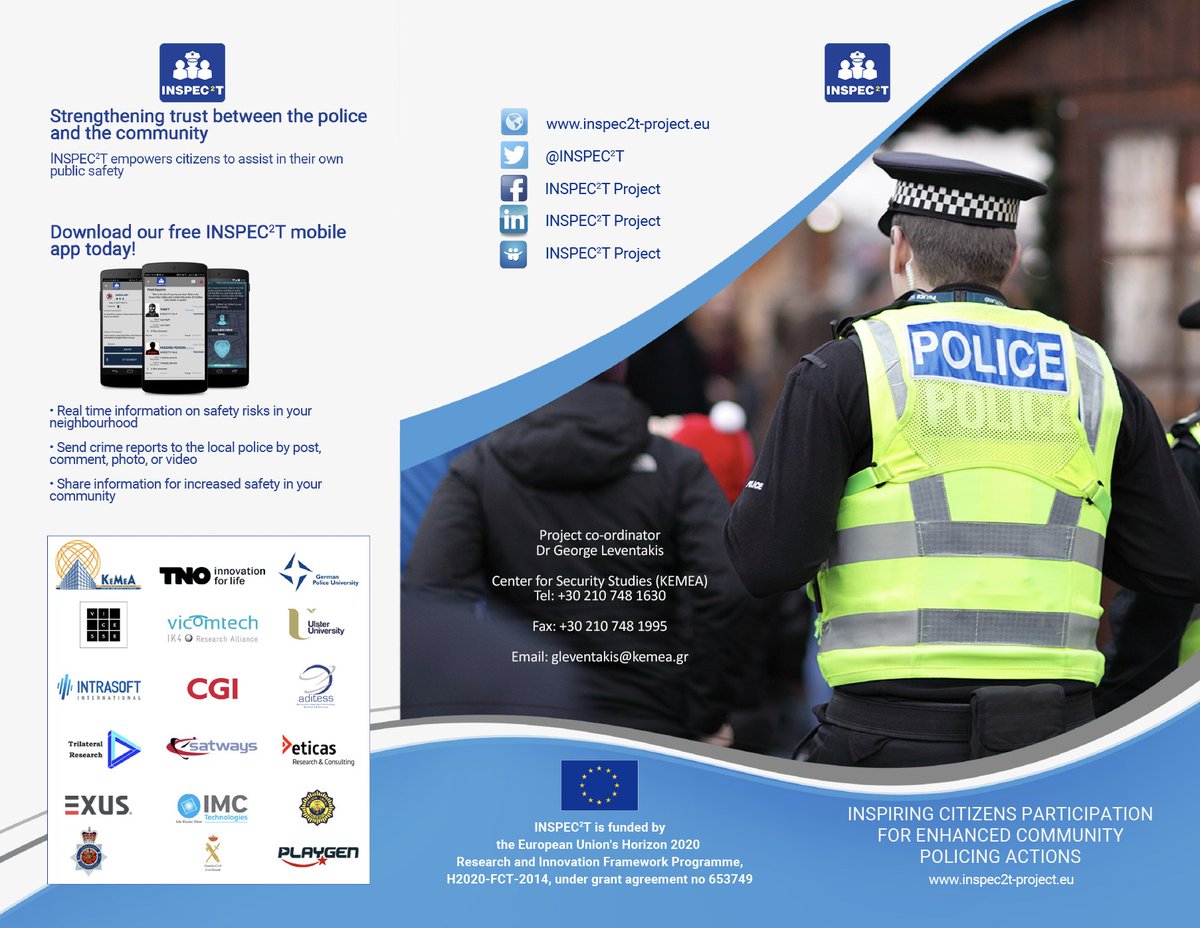 INSPEC2T's tweet photo. INSPEC2T is an end-user tested solution and shows how #ICT based solutions can contribute and complement #CommunityPolicing provision. Read more about the project: https://t.co/HYkQJxbCfI https://t.co/VnOI1PjVbM