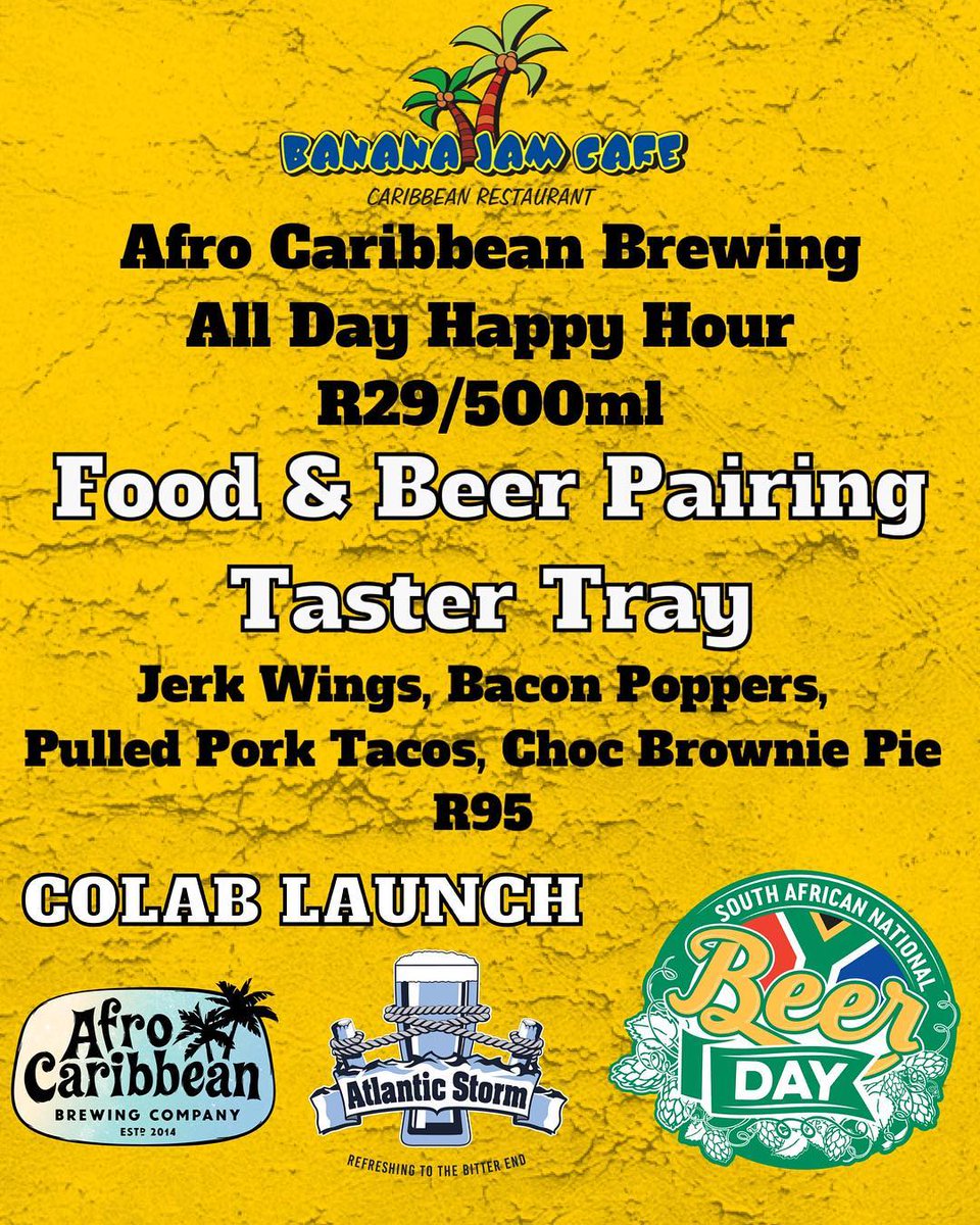 What is everyone doing for #SANBeerDay? (Sat 3 Feb)
At this stage, I'll be at BJC for the launch of the ACBC/Atlantic Storm Golden Stout on tap!!
🤓🍺🤘
Also, that platter has my name all over it! #nomnomnom
🍗🌶️🥓🌮🍫
#CraftBeer #CraftPeople #BananaJamCafe