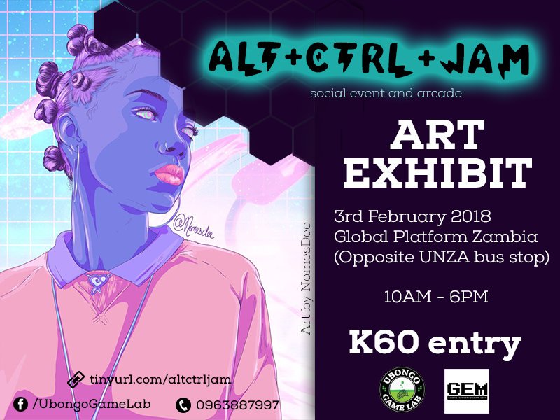 UbongoGameLab's tweet photo. 2 more days till #ALTCTRLJAM !!!

If you're an art enthusiast, you'll dig our digital art exhibit featuring Zambian female artists like the other wordly @NomesDee

#gamedev #gamejam #art #lusaka #zambia

https://t.co/VCDyFqCuv0 https://t.co/sGfYIkQ4e6