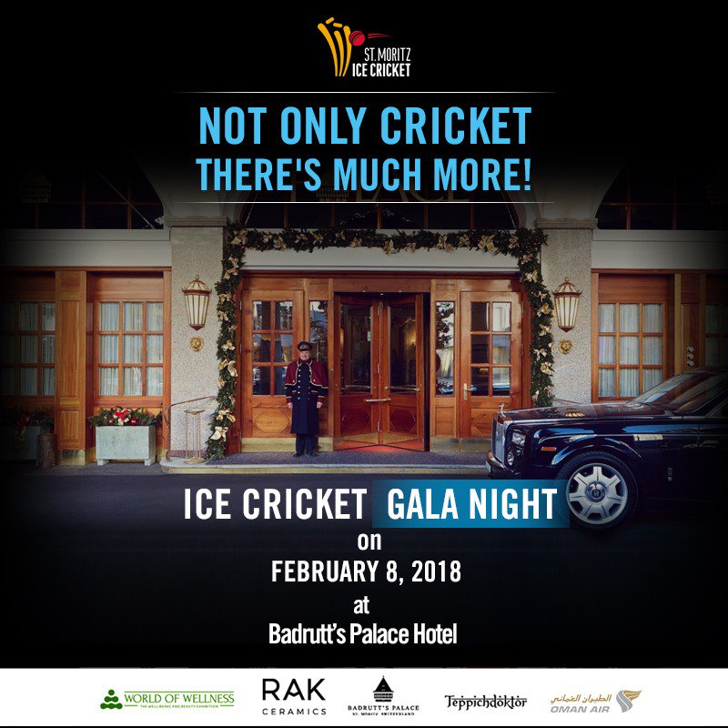 IceCricketCH's tweet photo. Event Celebrations on day one of the tournament (Thursday 8th February 2018). Ice Cricket Gala Night at the Badrutt’s Palace Hotel, the cricket stars, and their guests will be celebrating a night dedicated to the “Spirit of Cricket”.
#Galanight #Badruttpalace #Cricketstars https://t.co/gvSR8IXXJ2