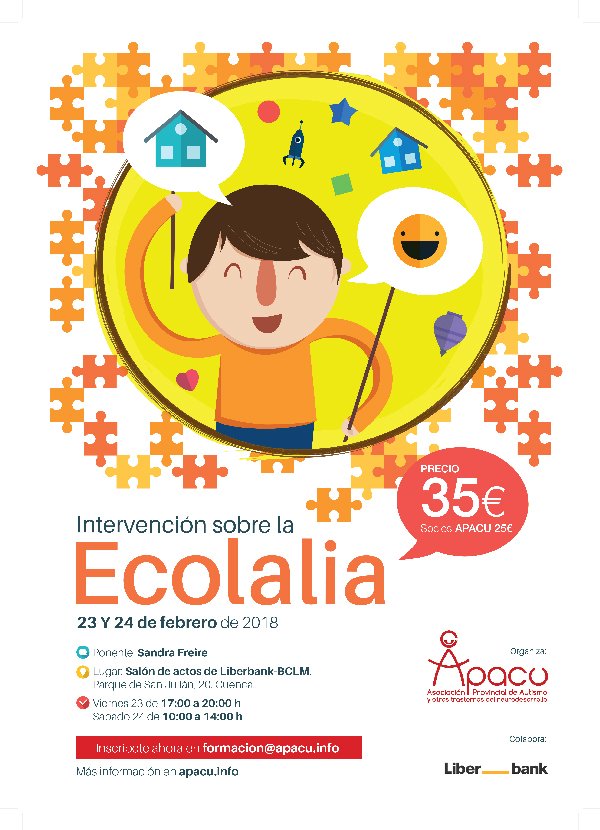 El 23 y 24 de febrero, Sandra Freire del Equipo #Deletrea imparte el Curso "Intervención sobre la ecolalia" en personas con #TEA y otros TND organizado por <a href="/ApacuCuenca/">Apacu</a>. Inscripciones en formacion@apacu.info. #autismo 
bit.ly/2rWSwVN