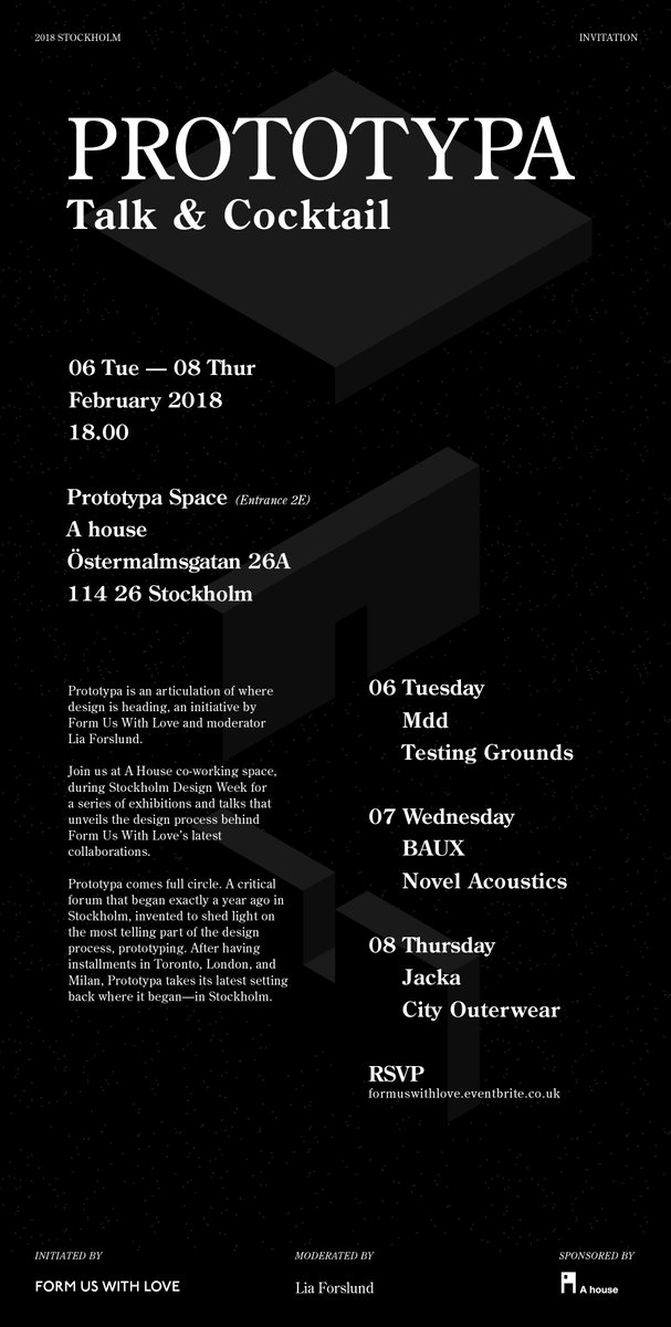 LiaForslund's tweet photo. Join @formuswithlove and me, at @ahousestockholm, during #Stockholmdesignweek18 for #Prototypa, unveiling the most telling part of the design process—prototyping. Talks include Testing Grounds with @mddofficefurniture, @bauxdesign and an industrially designed City Jacket! https://t.co/5CtwgoIEjE