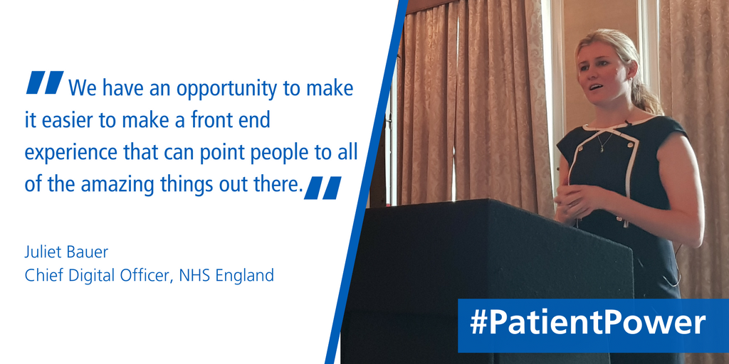 Insightful session from <a href="/NHSEngland/">NHS England</a>'s @JulietBauer on the digital vision for patients and the public. #patientpower