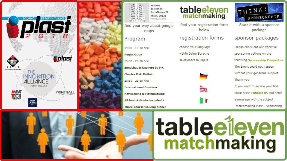 yoxy12U's tweet photo. Experten der Kunststoff- und Kautschukindustrie treffen sich am 29.05.18 in Mailand zum matchmaking #Plast2018 #tableeleven #matchmaking in #Milano.
Anmeldung oder Sponsoring https://t.co/xgjxHgiqW3
Melden Sie sich jetzt an, Sie sind herzlich Willkommen! https://t.co/rSFDU19vMu