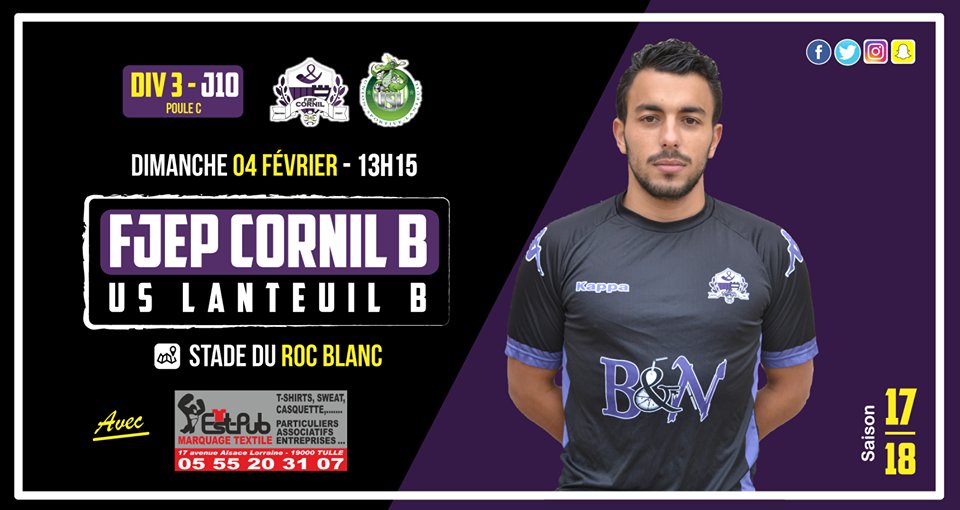 FJEPCornil's tweet photo. ⚽️ FJEP Cornil B 🆚 US Lanteuil B
🏆 3ème Division
📅Dimanche 0⃣4⃣Février
🕒1⃣3⃣ H 1⃣5⃣
🏟️ Stade du Roc Blanc
📱#CORLAN https://t.co/jQO4spajXA