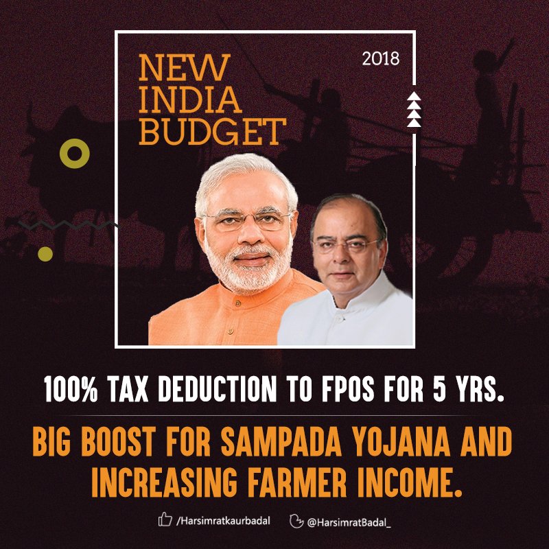 HarsimratBadal_'s tweet photo. 100% tax deduction to FPOs for 5 years. Big boost for Sampada Yojana and increasing farmer income. Thanks, @arunjaitley Ji and @narendramodi Ji #NewIndiaBudget https://t.co/8r5RQTXgNt