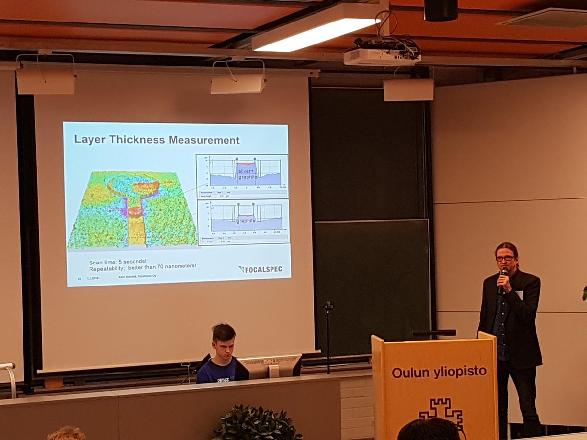 jahietala's tweet photo. Karri Niemelä from #FocalSpec giving presentation on 3D Inspection of Printed Electronics Structures using Line Confocal Technology at #PRINSE'18 https://t.co/seqJQgeVkJ