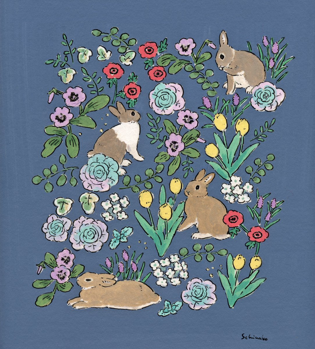 Schinako Moriyama Illustrator En Twitter 早春の花とうさぎさんのパターン ラッピングペーパー うさぎ イラスト