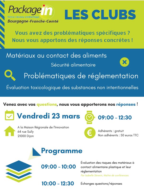 PackageinBFC's tweet photo. Les Clubs de PIBFC sur les matériaux au contact des aliments en partenariat avec @AERBFC  et @AgroSupDijon - RDV le 23.03 à la Maison Régionale de l'Innovation. S'inscrire >>> https://t.co/nkULw3fRib https://t.co/4pwbZ0V8VF