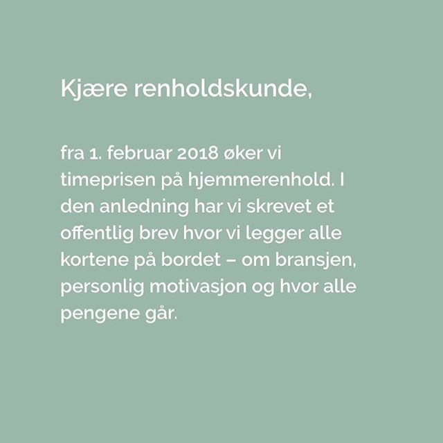 Følg link i bio for å lese brevet ✌🏽
.
Selv om vi mener det er på høy tid med en prisøkning, er vi også klar over at de færreste vet hvordan renholdsbransjen opererer. Derav denne transparente fremgangsmåten.
.
Vi håper våre kunder vil fortsette å br… ift.tt/2ntvote