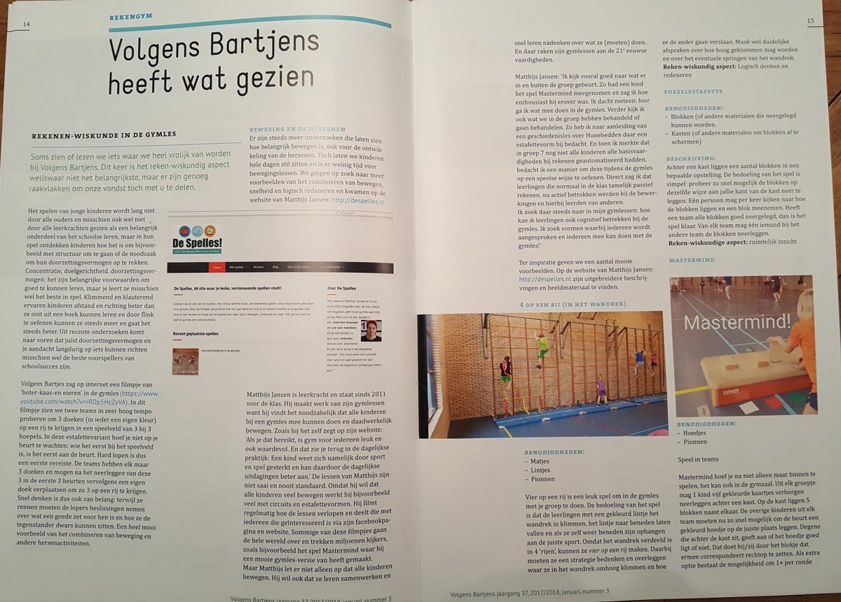 meestergroep8's tweet photo. Met De Spelles in Volgens Bartjens!
Artikel over rekenen-wiskunde in de gymles.
#onderwijs #rekenen #spelles https://t.co/C358U1kmED