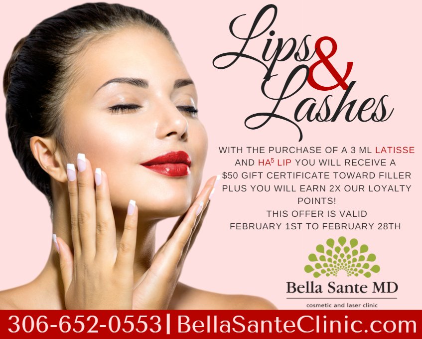bellasantemd's tweet photo. Purchase 3 ml Latisse &amp; HA5 Lip and receive a $50 gift certificate toward filler, plus you will earn 2X our loyalty points!

Contact Us: https://t.co/8jq98AjFmD

#BellaSanteMD #Saskatoon #MedicalSpa #SkinCare #Latisse #HA5lip https://t.co/Wru1FF7moX