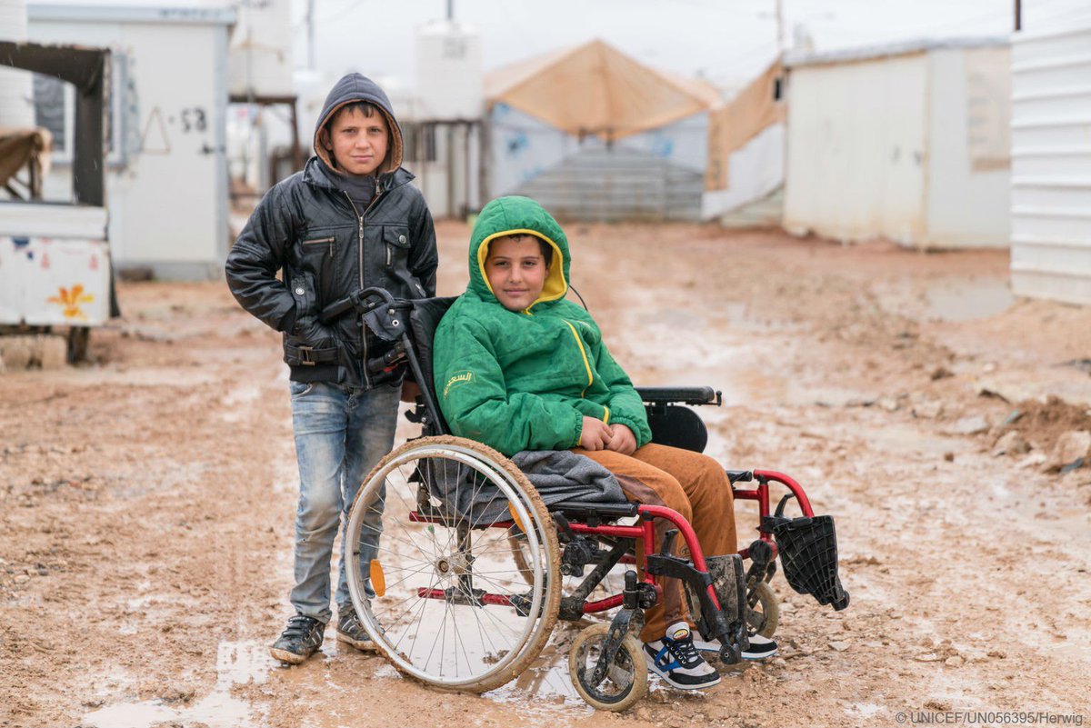 UNICEF's tweet image. Sometimes, a kid needs a push to get to school. Literally. “The first time I saw Hikmat it was raining and no one was there to push him, so I took him,” Abdullah, 11, in Za’atari camp. Now the two are best friends. #FundEducation #ShapeTheFuture
