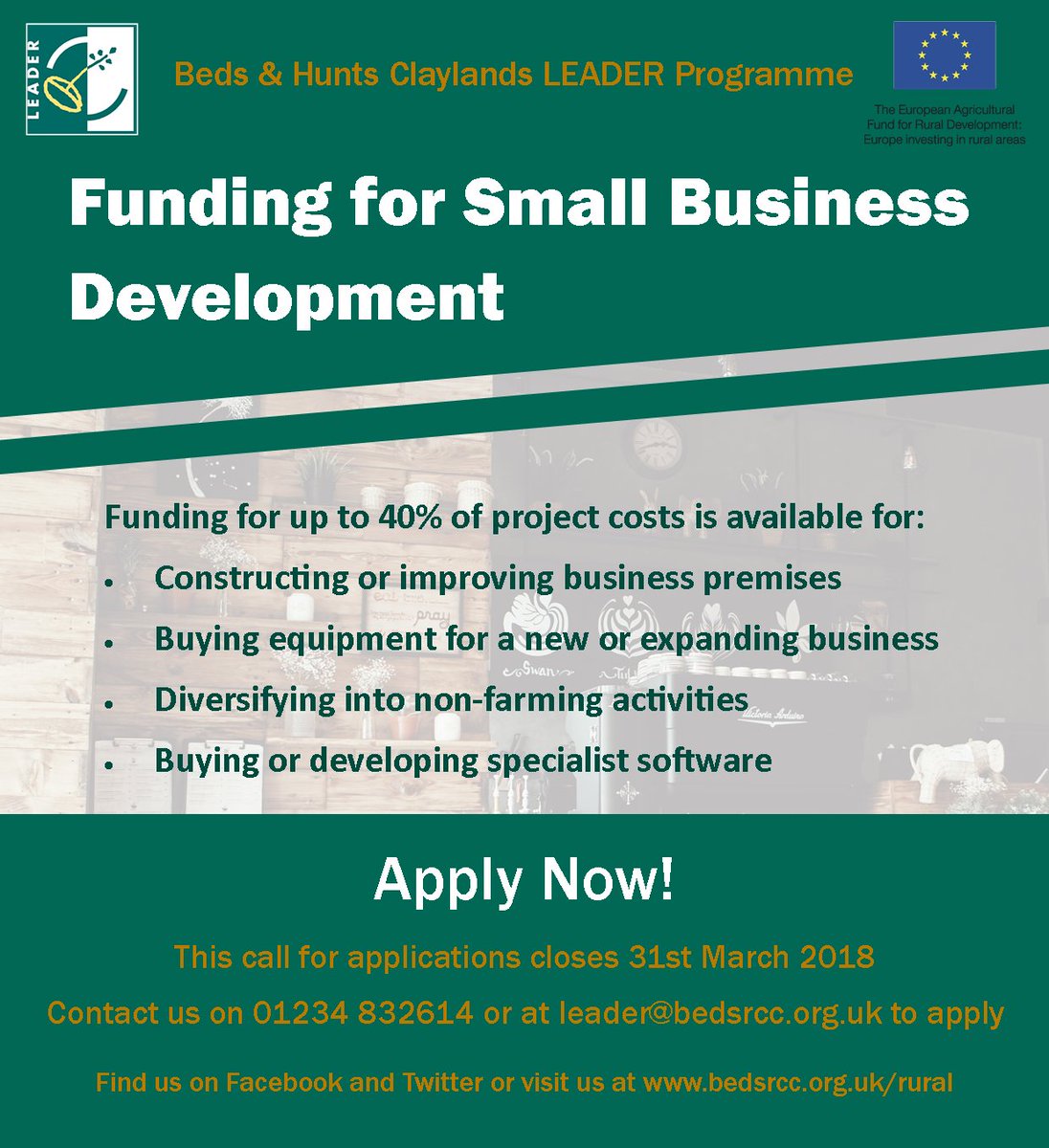 Do you have a plan to start a new business in Beds or Hunts or want to grow your existing business? #LEADER funding could help make it a reality. Get in touch using the details below to find out more. #grants #ruralfunding #EUfunding #supportlocalbusinesses #Beds&amp;HuntsClaylands