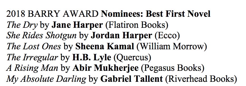 #Congrats #BarryAwards Noms: Best #First #Novel @janeharperautho @Flatironbooks @jordan_harper @eccobooks @sheena_kamal @Morrow_PB @QuercusBooks @radiomukhers @Pegasus_Books @riverheadbooks @Bouchercon