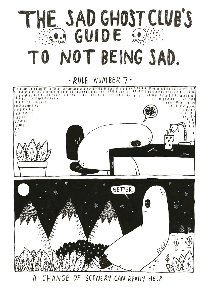 Sometimes just switching things up a little bit can make a big difference for your brain, where do you ghosties like to go when you're feeling blue?
Comic from our Guide To Not Being Sad which is available here - https://t.co/mkbwOfdVAN